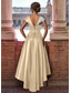 cheap Cocktail Dresses-A-Line Cocktail Dresses Elegant Dress Wedding Guest Asymmetrical Short Sleeve V Neck Satin with Glitter Pleats Derby Dresses 2025