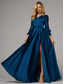 cheap Evening Dresses-A-Line Evening Gown Elegant Dress Wedding Guest Cocktail Party Floor Length 3/4 Length Sleeve V Neck Satin with Slit 2025