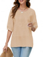 cheap Plain Tops-Women&#039;s Shirt Solid Color Floral Casual Boho 3/4 Length Sleeve Elbow Sleeve Crew Neck Regular Tops Vacation Party Daily Embroidered White Yellow Khaki Autumn / Fall Spring &amp; Summer