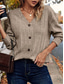 abordables Colores sólidos-Mujer Pulóveres Casual Suave Color puro Estriado Escote en Pico Botones De Punto Manga Larga Tops regulares Tejer Exterior Diario Fin de semana Negro Caqui Otoño Invierno