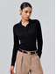 baratos suéter feminino-Suéter polo feminino de malha com gola polo de cor sólida e manga comprida, minimalista, de mistura de lã, formal, para trabalho, diário, primavera/outono