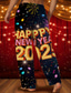 cheap Men&#039;s Printed Casual Pants-New Year Men&#039;s Happy New Year Pants Trousers Mid Waist Drawstring Elastic Waist Hawaiian Casual Outdoor Party Evening Wear Holiday Straight Leg Trousers Summer Spring Fall 3D Print Black