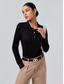 baratos suéter feminino-Suéter polo feminino de malha com gola polo de cor sólida e manga comprida, minimalista, de mistura de lã, formal, para trabalho, diário, primavera/outono