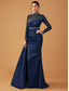 ieftine negru-Rochie de seară Mermaid  Trumpet vintage formală pentru nuntă lungime până la podea mânecă lungă decolteu pătrat rochie pentru mama miresei din satin cu perle strălucitoare