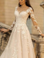 cheap Wedding Dresses-Wedding Dresses A-Line V Neck Long Sleeve Court Train Tulle Bridal Gowns With Pleats Appliques 2024