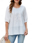 cheap Plain Tops-Women&#039;s Shirt Solid Color Floral Casual Boho 3/4 Length Sleeve Elbow Sleeve Crew Neck Regular Tops Vacation Party Daily Embroidered White Yellow Khaki Autumn / Fall Spring &amp; Summer