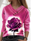 preiswerte Blumen-T-Shirt-Valentinstag Damen Rose T-Shirt Regulär Oberteile Langarm V-Ausschnitt Knöpfe Druck Regulär Fit Alltag Stylisch Lässig Rosa Lila Herbst Winter