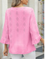 cheap Lace Tops-Women&#039;s Shirt Blouse Solid Color Basic Casual 3/4 Length Sleeve V Neck Regular Tops Daily Eyelet Pink Blue Green Spring Fall