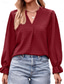cheap Work Tops-Women&#039;s Blouse Solid Color Elegant Daily Stylish Long Sleeve V Neck Regular Tops Party Work Daily Embroidered Wine Blue Spring Fall