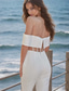 cheap Wedding Jumpsuits/Pantsuit-Crepe Wedding Jumpsuit Bustier Off Shoulder With Detachable Skirt Ankle Length Stretch Fabric Bridal Gowns With Solid Color