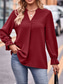 cheap Work Tops-Women&#039;s Blouse Solid Color Elegant Daily Stylish Long Sleeve V Neck Regular Tops Party Work Daily Embroidered Wine Blue Spring Fall
