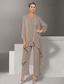 voordelige Vloerlengte-Jumpsuit  Pantalonpak 3 Delen Moeder van de bruid Jurk Strand Bruiloft Elegante Sieraad Hals Vloerlengte Chiffon Lange Mouw Wrap Inclusief met Kant Effen kleur