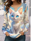 זול חולצת בעלי חיים-בגדי ריקוד נשים חולצה קצרה דפוס חתול יום יומי שרוול ארוך צוואר מחורץ חולצות רגילות יומי חופשה פול קיץ &amp; אביב