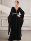 cheap Floor Length-A-Line Dress Mother of the Bride Dress Elegant Party V Neck Floor Length Chiffon Long Sleeve with Lace Solid Color