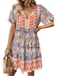 abordables Robe Boho de Vacances-Femme Mini robe Robe casual Robes bohème chic robe boheme Bohême Le style mignon Ethnique Vacances du quotidien Plage Ample Floral Graphic Manche Courte Col V Bleu Orange Eté Printemps