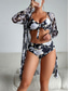 cheap 3 Pieces Bikini Set-Women&#039;s Swimwear Three Piece Swimsuit Tummy Control High Waist Vacation Beach Wear Graphic V Neck Long Sleeve Bathing Suits