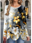 voordelige Bloementhee-Dames T-shirt Bloemig Casual Lange mouw Strakke ronde hals Normale tops Dagelijks Knop Afdrukken Assymmetrisch Grijs Lente Herfst