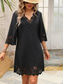 cheap Plain Dresses-Women&#039;s Black Dress Mini Dress Lace Patchwork Casual V Neck 3/4 Length Sleeve Black Color