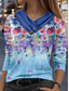 preiswerte T-Shirts-Damen T Shirt Blumen Stilvoll Brautkleider schlicht Langarm V Ausschnitt Normale Oberteile Täglich Knopf Bedruckt Blau Frühling Herbst