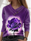 preiswerte Blumen-T-Shirt-Valentinstag Damen Rose T-Shirt Regulär Oberteile Langarm V-Ausschnitt Knöpfe Druck Regulär Fit Alltag Stylisch Lässig Rosa Lila Herbst Winter