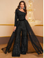 cheap Evening Dresses-Evening Jumpsuits With Detachable Train Elegant Glittering Formal Floor Length Long Sleeve One Shoulder Chiffon with Glitter 2024