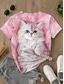 cheap Graphic shop tee-Women&#039;s T Shirt Cat Casual Short Sleeve Round Neck Regular Tops Daily Print Pink Summer