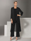 voordelige Vloerlengte-Jumpsuit  Pantalonpak 3 Delen Moeder van de bruid Jurk Strand Bruiloft Elegante Sieraad Hals Vloerlengte Chiffon Lange Mouw Wrap Inclusief met Kant Effen kleur
