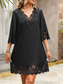 cheap Plain Dresses-Women&#039;s Black Dress Mini Dress Lace Patchwork Casual V Neck 3/4 Length Sleeve Black Color