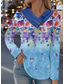 preiswerte T-Shirts-Damen T Shirt Blumen Stilvoll Brautkleider schlicht Langarm V Ausschnitt Normale Oberteile Täglich Knopf Bedruckt Blau Frühling Herbst