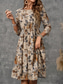 cheap Print Cotton &amp; Linen Dresses-Women&#039;s Mini Dress Cotton Linen Dresses Casual Dress Basic Casual Vacation Daily Regular Fit Floral 3/4 Length Sleeve Crew Neck Khaki Summer Spring