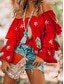 abordables Tops de Vacaciones para Mujeres-Mujer Blusa Geométrico Bohemia Activo Retro Antiguo Manga Larga Hombros Caídos Tops regulares Diario Festivos Noche Rojo Primavera Otoño