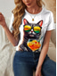 billige Dyrene tee-Dame T skjorte Katt Fritid Kortermet Rund hals Vanlige topper Daglig Trykt mønster Svart og Hvit Grå og Hvit Svart Hvit Gul Sommer