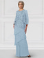 cheap With Jacket-Sky blue Jacket Dresses with Lace Mother of the Bride Wedding Elegant Vintage Crew Neck Floor Length Chiffon Long Sleeve Tier Cascading Ruffles