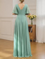 cheap Bridesmaid Dresses-A-Line Bridesmaid Dress V Neck Short Sleeve Open Back Floor Length Chiffon / Spandex with Ruffles / Draping / Ruching 2022