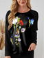cheap Floral tee-Valentine Women&#039;s Pink T Shirt Floral Oil painting flowers Long Tops Long Sleeve Crew Neck Print Regular Fit Daily Black White Pink Blue Green Summer Spring Fall Winter