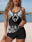 baratos Tankinis-Maiôs Femininos Tankini 2 Peças Boy Leg Maiô Costas Nua Férias Praia Roupas Geométricas U Neck Sem Mangas
