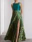 cheap FLORALS-Green Floral A-Line Evening Gown Elegant Dress Formal Wedding Floor Length Sleeveless Halter Neck Pocket Satin with Pocket Derby Dress Race Day Dress Wedding Guest Dress 2025
