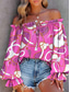 voordelige Vrouwen vakantie tops-Dames Overhemd Blouse Bloemig Stijlvol Casual Lange mouw Schouderafhangend Normale tops Dagelijks Blote rug Afdrukken Marine Blauw blauw Fuchsia Groen Zomer Lente