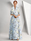 cheap Floor Length-A-Line Mother of the Bride Dress Elegant FLoral Print Queen Anne Floor Length Satin 3/4 Length Sleeve with Race Day Dress Wedding Guest Dress