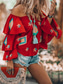 abordables Tops de Vacaciones para Mujeres-Mujer Blusa Geométrico Bohemia Activo Retro Antiguo Manga Larga Hombros Caídos Tops regulares Diario Festivos Noche Rojo Primavera Otoño