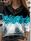cheap Floral tee-Women&#039;s T Shirt Floral Stylish Casual Long Sleeve V Neck Regular Tops Daily Buttons Print Blue Fall Winter