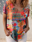 cheap Boho tee-Women&#039;s T Shirt Floral Geometric Geometry Vintage Stylish Casual Short Sleeve V Neck Regular Tops Daily Going out Weekend Print Orange Summer Spring