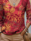 cheap Boho tee-Women&#039;s T Shirt Floral Vintage Fashion Long Sleeve V Neck Regular Tops Weekend Print Red Summer Spring
