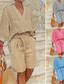 abordables Ensembles-Femmes Mode Streetwear Chemise Ensembles en coton et lin Ensembles deux pièces Shorts de plage Manche Courte Col en V Couleur Unie Cordon de serrage Tenue quotidienne Date Bleu Kaki Gris Été Coupe