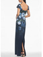 cheap BLUE-Navy Floral Print Column Evening Gown Elegant Dress Formal Satin Wedding Guest Floor Length Short Sleeve Jewel Neck with Glitter Wedding Guest Dress