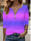 cheap Tie Dye&amp;Gradient tee-Women&#039;s T Shirt Ombre Color Gradient Elegant Vintage Fashion Long Sleeve V Neck Regular Tops Daily Going out Weekend Zipper Print Purple Summer Spring