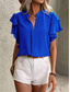 cheap Work Tops-Women&#039;s Shirt Blouse Solid Color Stylish Casual Short Sleeve V Neck Regular Tops Work Daily Holiday Ruffle Black Wine Blue Green Summer Spring