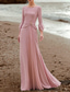 baratos Comprimento do chão-Vestido Mãe da Noiva Sereia  Trompete Vestido Elegante Gola Redonda Comprimento de Chão Chiffon Crepe Manga de 3/4 com Broche de Cristal