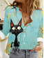 cheap Animals Tops-Women&#039;s Shirt Cat Casual Long Sleeve Shirt Collar Regular Tops Daily Buttons Print Green Spring Fall