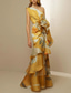 cheap YELLOW-Yellow A-Line Evening Gown Vintage Dress Formal Prom Floor Length Sleeveless One Shoulder Satin with Glitter Floral Print Ruffles Wedding Guest Dress 2025